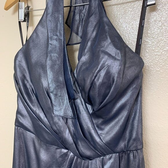 Vera Wang Satin Chiffon Halter V Neck Cocktail Dress Size 6 Navy Metallic - Picture 3 of 11